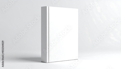 A solitary, blank hardcover book stands upright, centered against a softly lit, plain white background, ideal for mockups