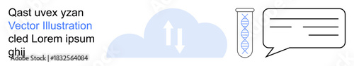 Genetic research, cloud storage, data science, digital communication, biotechnology, lab analysis. A test tube with DNA, a cloud with arrows and a speech bubble. Genetic research and cloud storage