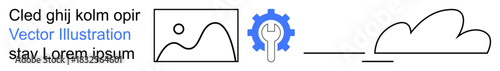 Cloud computing, technology tools, data processing, online services, digital transformation, workflow optimization. Image of gear, cloud graphic and visual data placeholder. Cloud computing