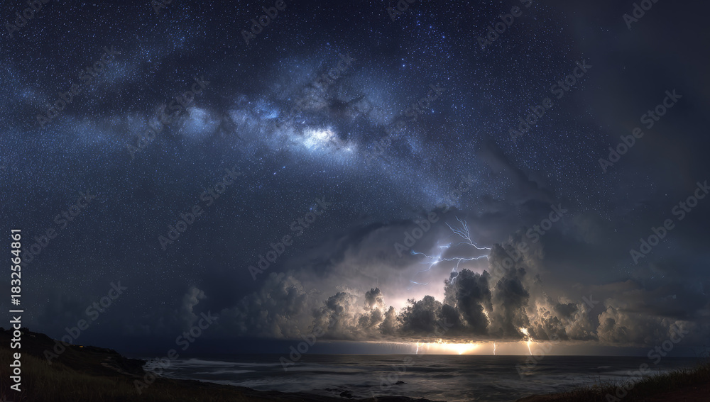 Fototapeta premium Dramatic Coastal Lightning Storm Over the Ocean at Night.