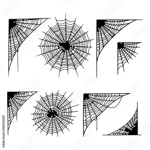 Spiderweb varieties set. Black mesh patterns with halloween party ornament silhouette pack
