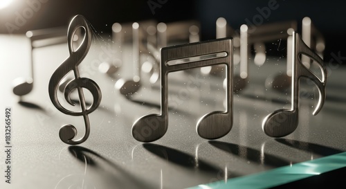 Elegant composition featuring metallic musical notes creating a melodic atmosphere and a refined