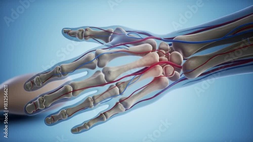 Detailed 3D animation of human hand bone structure, showing realistic skeletal anatomy and joint movement in a clean blue background. Perfect for medical, healthcare, and educational content