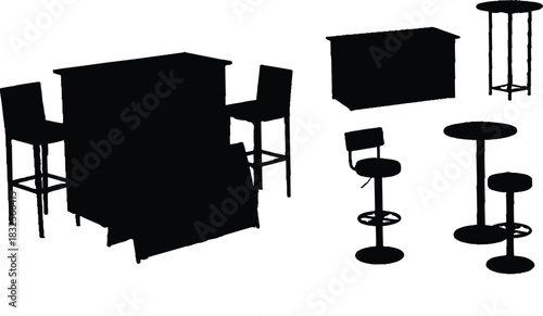 described features a collection of furniture pieces presented in silhouette against a stark white background, which creates a strong visual contrast.