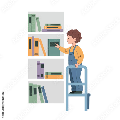 A young boy in overalls reaches for a book on a high shelf while standing on a ladder against a white background with a simple and educational mood.