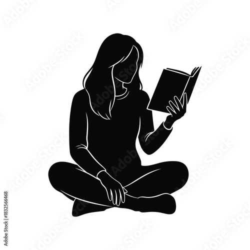 Silhouette woman reading book cross legged
