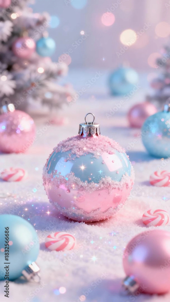 Fototapeta premium Pink Christmas Ornament with Sparkles and Candy Cane Decor