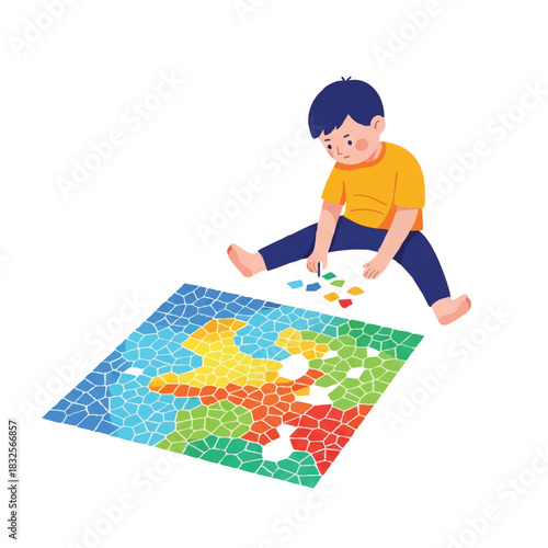 A young boy sitting on the floor, assembling a colorful jigsaw puzzle with various shaped pieces on a large mat with a plain white background.