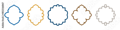 Set of Arabic and Moroccan window shapes, Islamic arches for mosque gates. Ramadan Kareem, Eid Mubarak outlines for labels and templates. Vector icons on transparent background. Flat, minimal style