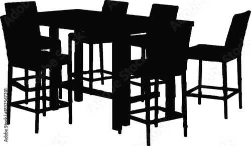 features a high dining table accompanied by six high stools, all presented as dark silhouettes. The rectangular table, supported Victor Illustrator Designby a thick central base,
