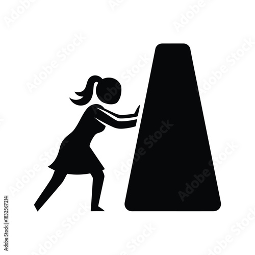 Woman pushing against obstacle symbolizing effort