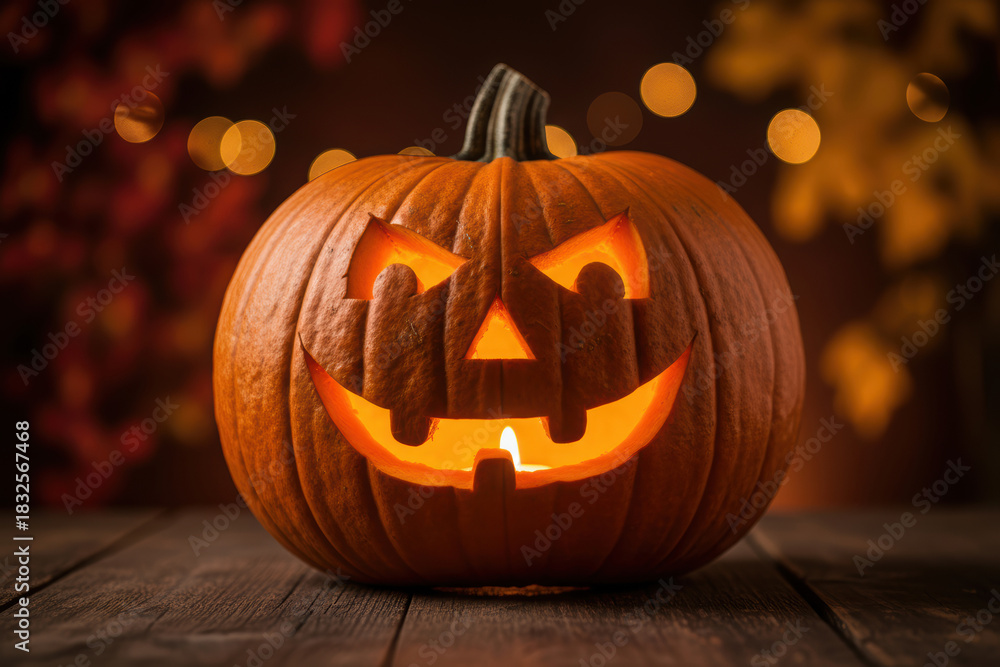 Fototapeta premium Glowing Halloween pumpkin with carved face on rustic wood