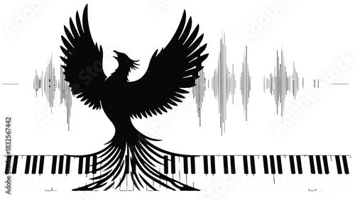 Mythical phoenix rising from piano keys with sound waves
