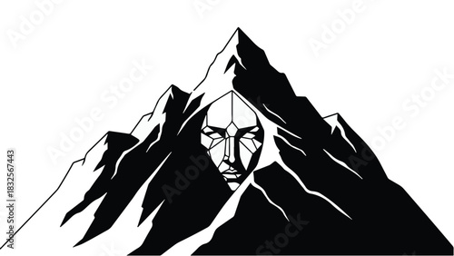 Mysterious face emerging from a dark, jagged mountain peak.