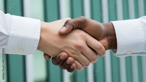 Close-up of two hands, one dark-skinned and one light-skinned, shaking in a sign of partnership and agreement