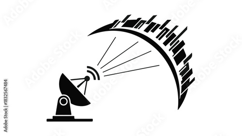 Satellite dish transmitting signals towards a stylized abstract arc of information.