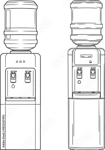Two water cooler dispensers with bottles silhouette
