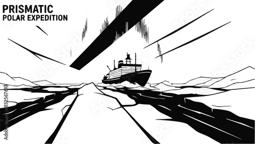 Icebreaker ship navigates through a frozen, cracked polar landscape.