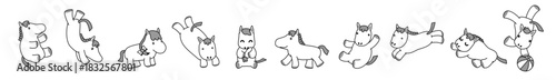 単色ラインで描いた馬キャラクターの多ポーズ横長セット（白黒）