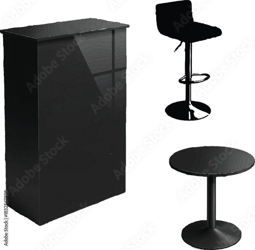 The described furniture consists of a harmonious set of black furniture - a tall cabinet, a stool and a small round table - placed against