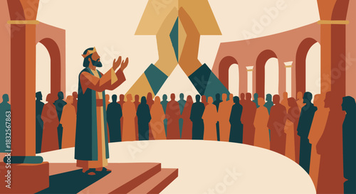 Jehoshaphat Prays for Deliverance
Jehoshaphat standing at the temple courts with hands raised, crowd of simple silhouettes behind him, warm clay + deep teal color harmony.