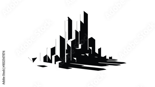 Abstract modern cityscape silhouette with sharp geometric buildings and dramatic shadows