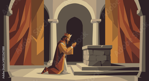 Solomon’s Prayer
Solomon kneeling before the altar inside the temple, geometric drapery, muted warm palette, minimal interior columns. bible