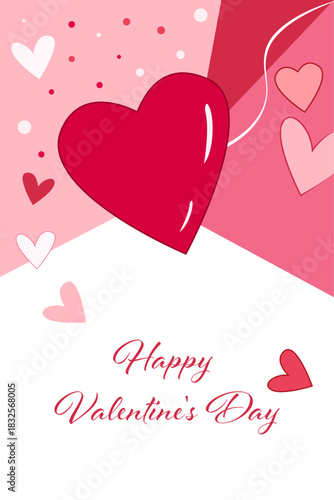 Vector illustration of a Valentine’s Day card with a large red heart, small hearts, and pink decorative background elements. Festive holiday design with clean lines and soft colors