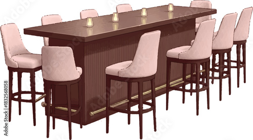 The image depicts  characterized by its light pink chairs, which are arranged around the  itself.