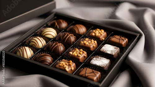 Exquisite assortment of handcrafted gourmet chocolates and confectionery presented in a stylish black gift box, signifying a premium sweet indulgence and luxurious dessert experience