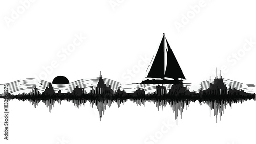Sleek sailboat glides across a tranquil sea, silhouetted against a minimalist horizon with soundwave landscape.