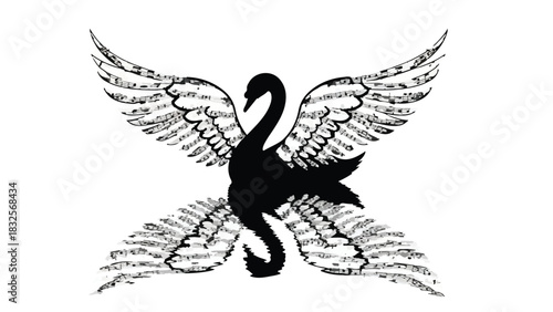 Elegant black swan silhouette with outstretched feathered wings in a symmetrical artistic design
