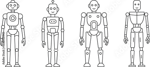 Cartoon robot characters in various poses, futuristic humanoid android designs outlined in simple line art style, isolated vector illustrations
