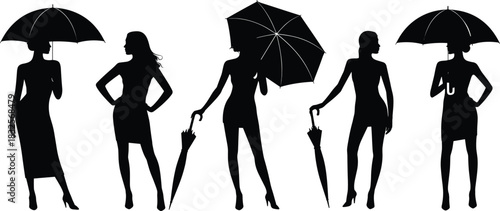 Silhouettes of elegant women standing with umbrellas in fashion poses, stylish female figures, umbrella accessories, isolated black vector illustration design