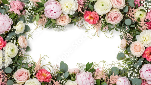 Elegant pink and white floral frame border with blooming peonies, roses, and eucalyptus leaves for spring wedding invitations, romantic greeting cards, and festive celebration backgrounds