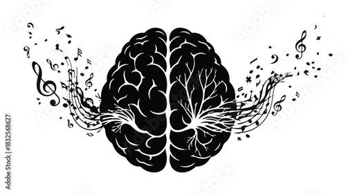 Creative mind inspired by music, with notes flowing into the brain