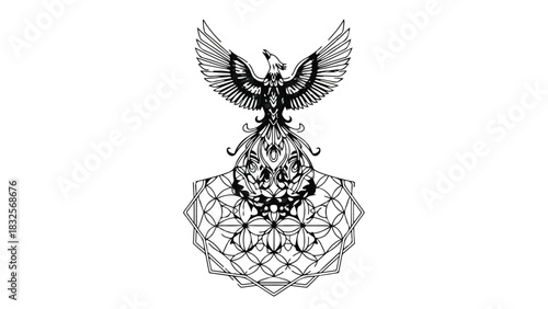 Mythical phoenix with intricate geometric base, symbolizing rebirth and transformation