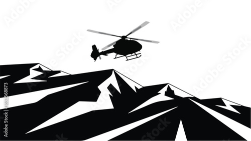 Helicopter flies over dramatic mountain peaks in silhouette