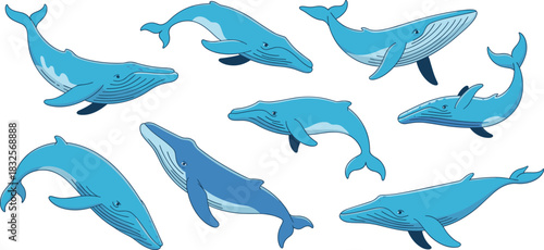 Cartoon blue whales collection, playful marine animal illustrations, ocean wildlife characters, aquatic creatures swimming, cute whale drawings for educational and creative projects