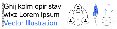 Business communication, technology, data storage, innovation, teamwork, progress. Globe network with people icons, blue rocket arrows and database. Business communication and technology concept
