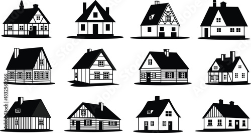 Collection of traditional village house silhouettes, various cottage designs, classic rural home illustrations for architecture, construction, real estate, housing concepts