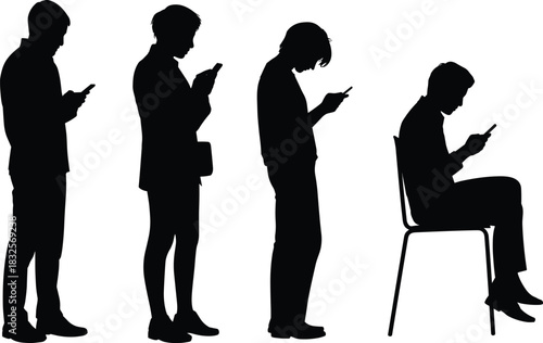 Silhouettes of people standing and sitting while using smartphones, modern digital lifestyle concept, technology addiction illustration for communication, social media and mobile usage themes