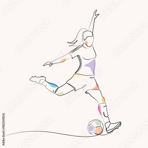 female kicking a soccer ball one line drawing. female playing mini soccer single line illustration. female shooting ball minimalist line art