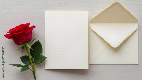 Wallpaper Mural Elegant red rose with a blank cream card and open envelope signifying heartfelt messages of love or a special romantic invitation on a light wooden background Torontodigital.ca