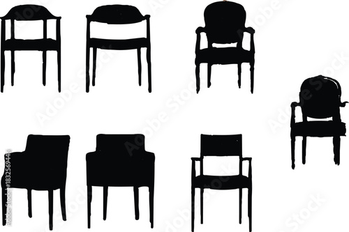 The image features seven distinct chair silhouettes, all rendered in black, showcasing a variety of styles. Each silhouette represents a unique design