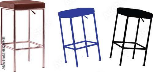 The image features three distinct  stools, each showcasing a unique color and design.The maroon seat paired with silver metallic legs creates a bold and sophisticated look.