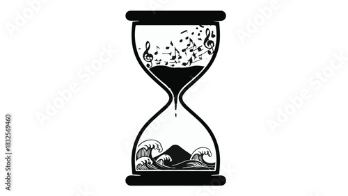 Melody flows through time in an hourglass, symbolizing the enduring power of music.