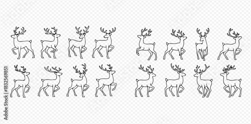 Set of reindeer walk cycle animation frames for game or cartoon isolated on transparent background.