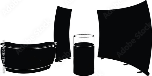 The image presents a modern-style exhibition setup depicted in black silhouette against dining table coffee table side table table materials glass tables wooden tables Victor Illustrator Design