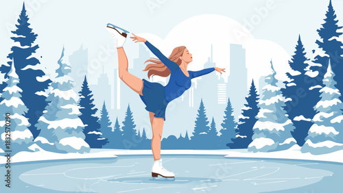 Graceful Ice Skater Silhouette in Snowy Cityscape